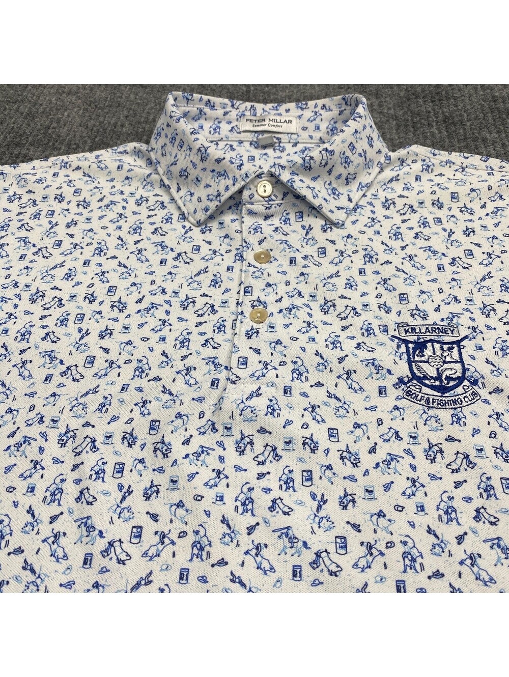 Peter Millar Summer Comfort Rodeo Polo Shirt Mens M White Blue Bull Riding AOP